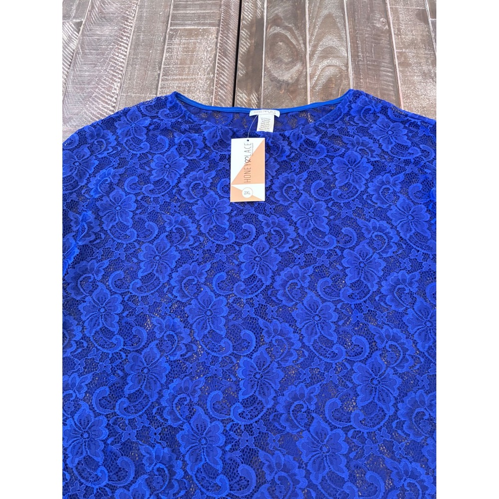 Honey & Lace Royal Blue Floral Lace Short Sleeve Top 2XL NWT‎